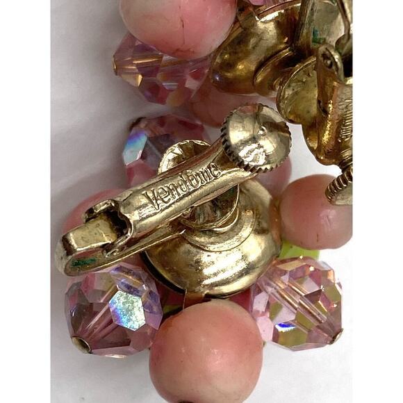 VENDOME Enamel & PINK Rhinestone FLOWER Clip Earrings Clip Ons Vintage Signed - Picture 5 of 7